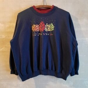 244a. vintage navy blue Top Stitch fall trees graphic 90s 2000s sweatshirt, PL